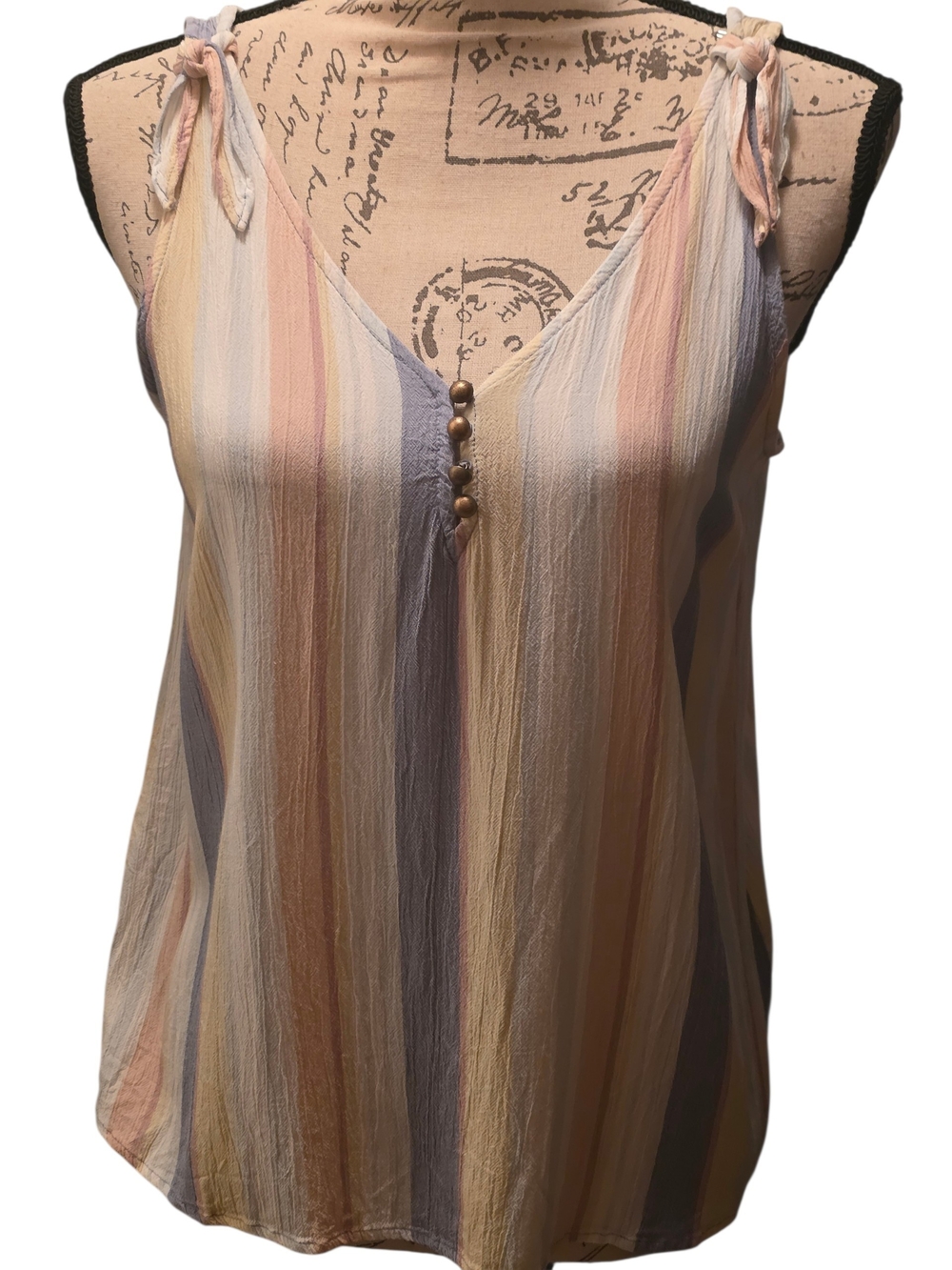 a.n.a Ana Tie-Shoulder Striped V-Neck Women's Tank Top - Pastel Multi Large Euc